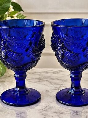Madonna Inn Wild Rose Cobalt Blue Glass Goblets 6.5” Set of 2 Vintage